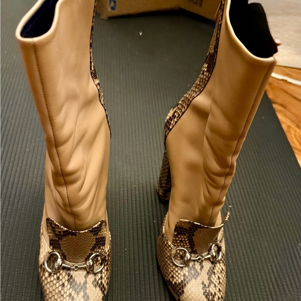 Gucci Beige and Brown Snakeskin Heeled Boots